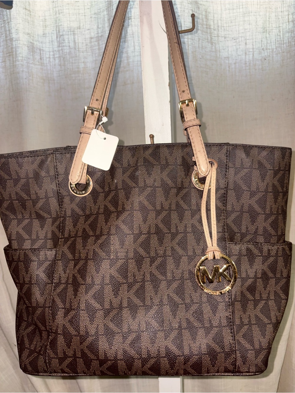 Michael Kors Brown Signature Tote with Blush Leather Straps and Gold Charm